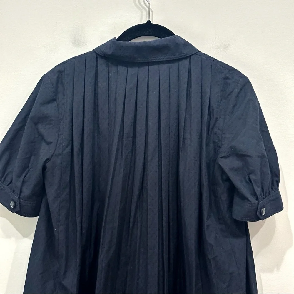 Coach Pleated Swing Dress Dark Blue Embroidered Short Sleeve Pockets